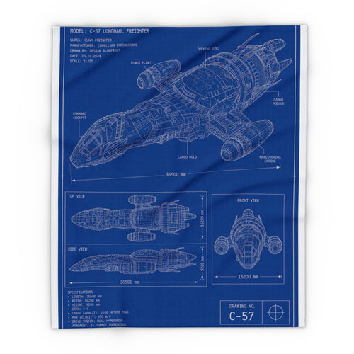 Blueprint Spaceship Fleece Blanket — Retro Sci‑Fi Ship Diagram Throw