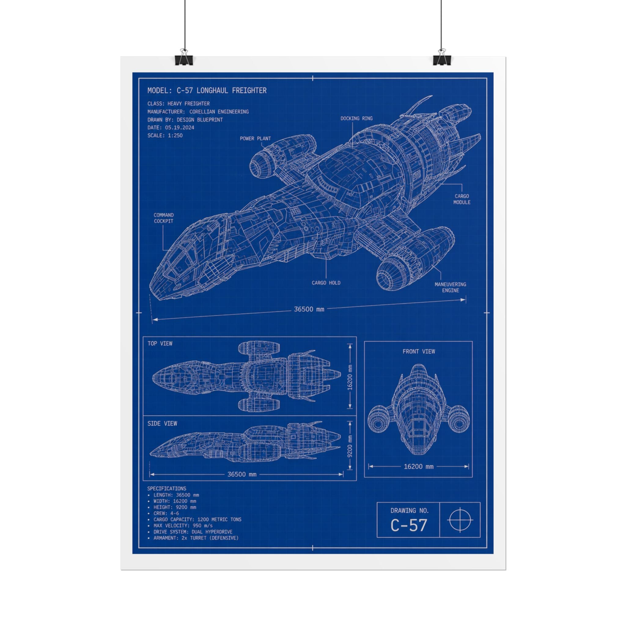 Blueprint Spacecraft Poster — Vintage Ship Technical Drawing Rolled Poster