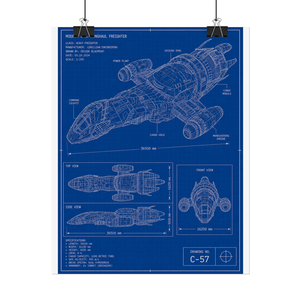 Blueprint Spacecraft Poster — Vintage Ship Technical Drawing Rolled Poster