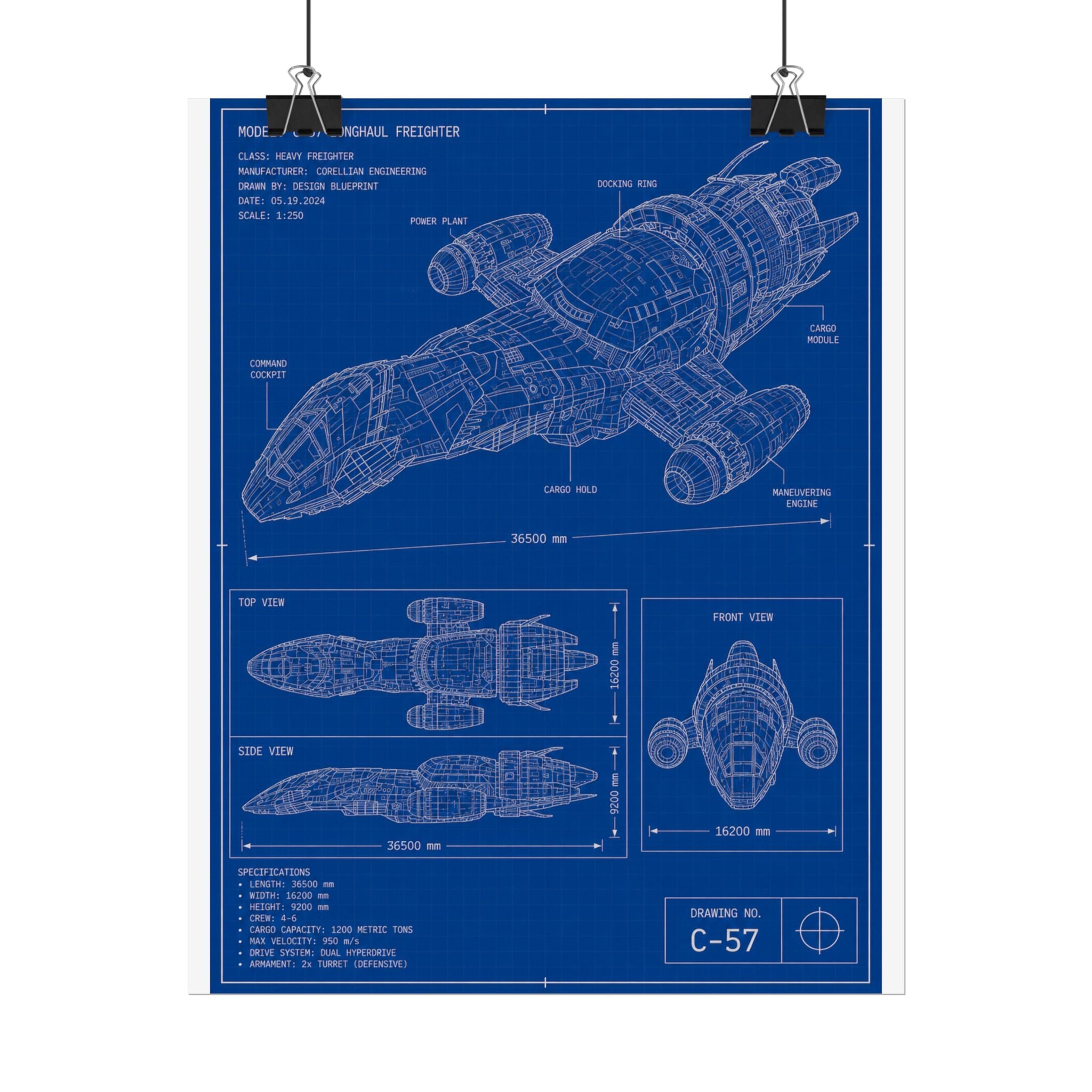 Blueprint Spacecraft Poster — Vintage Ship Technical Drawing Rolled Poster