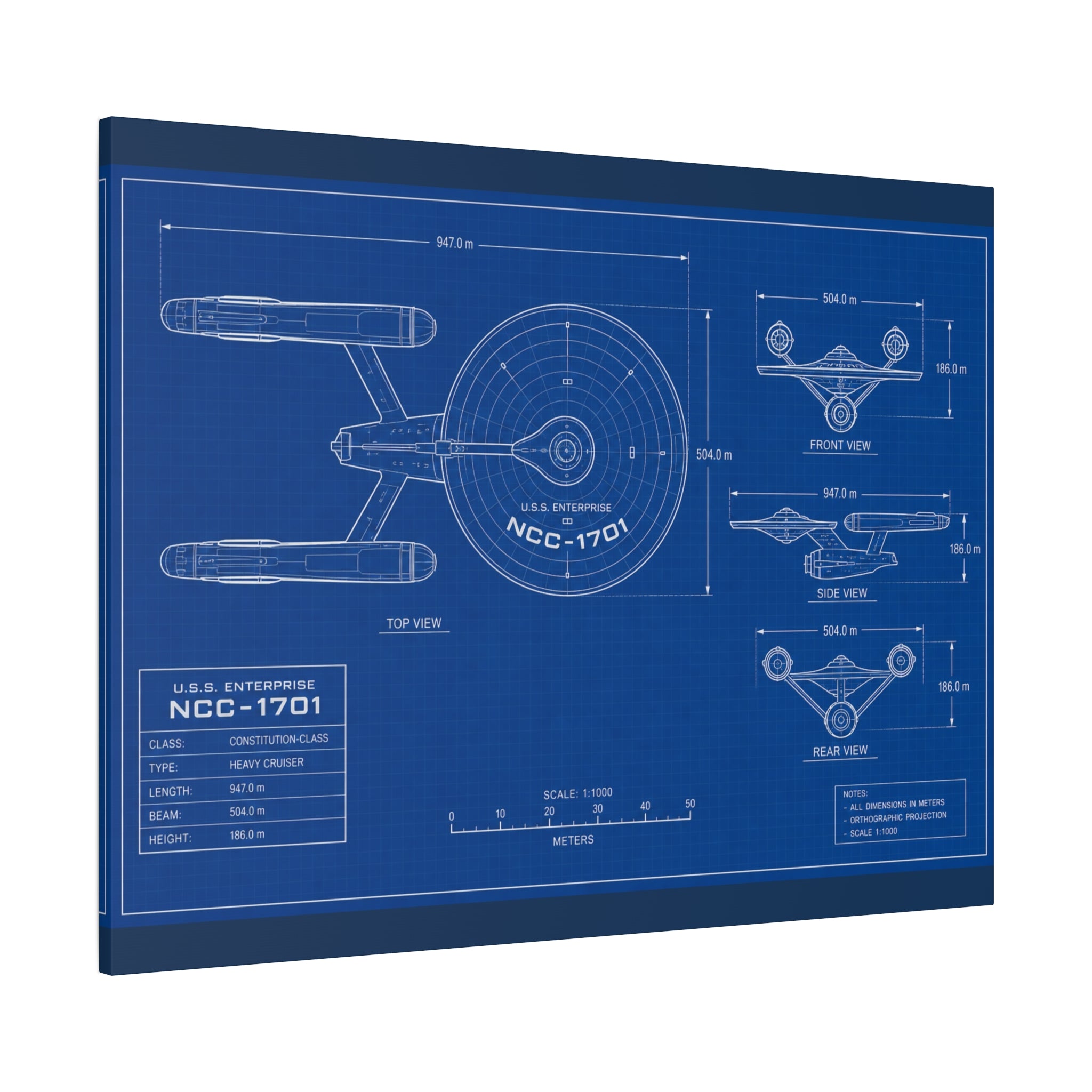 Starship Blueprint Canvas Art Matte Stretched 1.25"