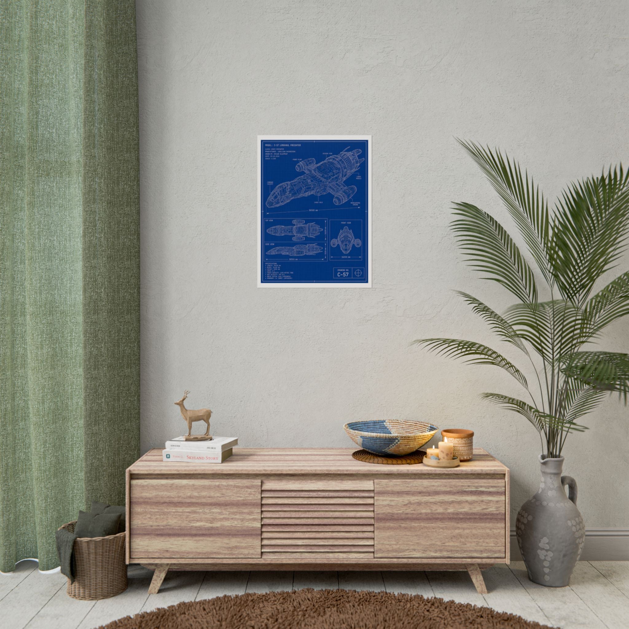 Blueprint Spacecraft Poster — Vintage Ship Technical Drawing Rolled Poster