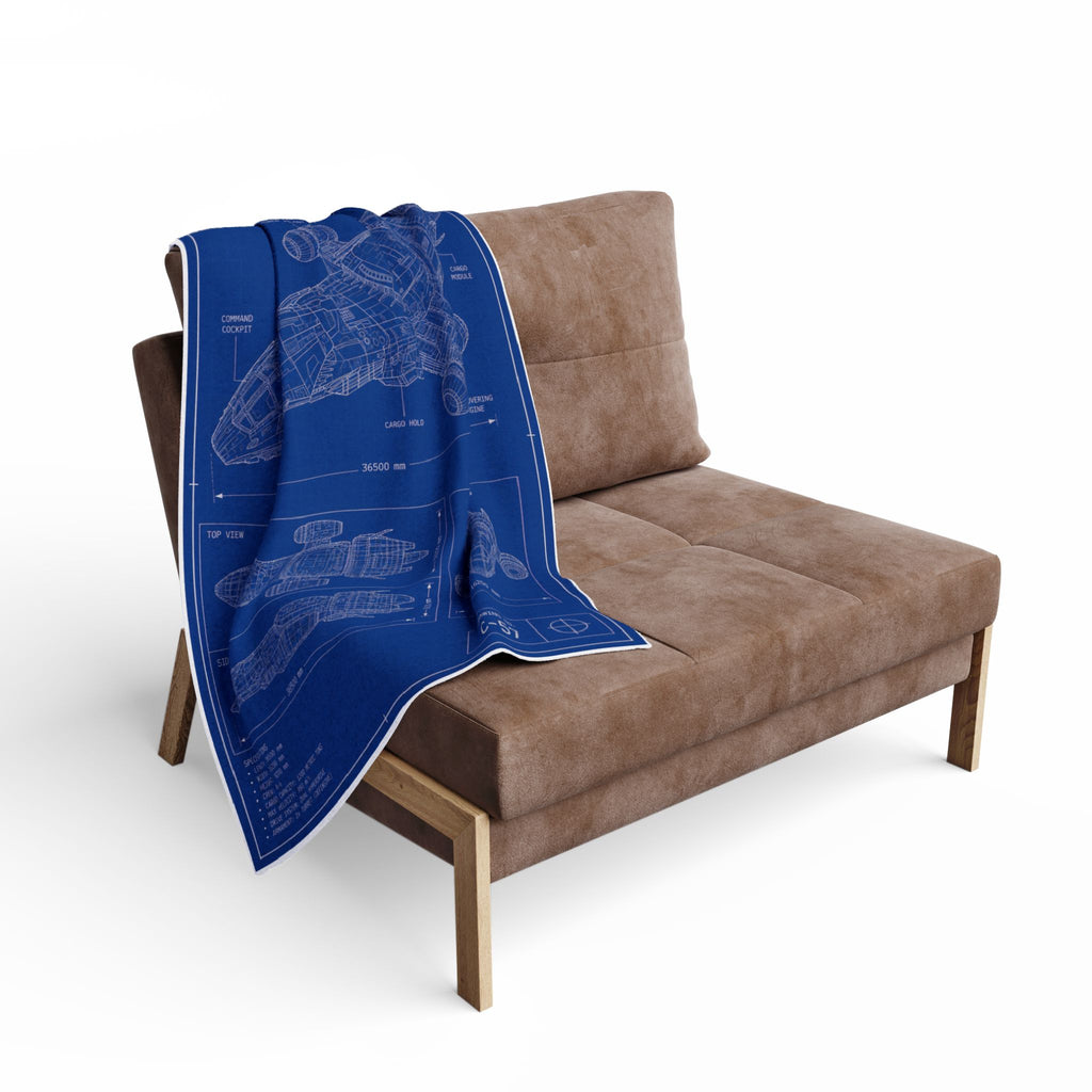 Blueprint Spaceship Fleece Blanket — Retro Sci‑Fi Ship Diagram Throw