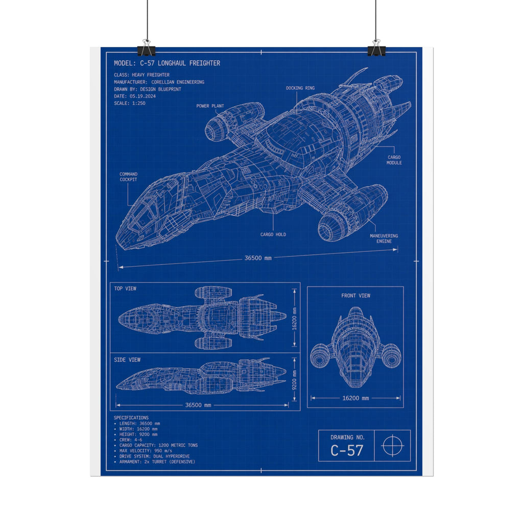 Blueprint Spacecraft Poster — Vintage Ship Technical Drawing Rolled Poster