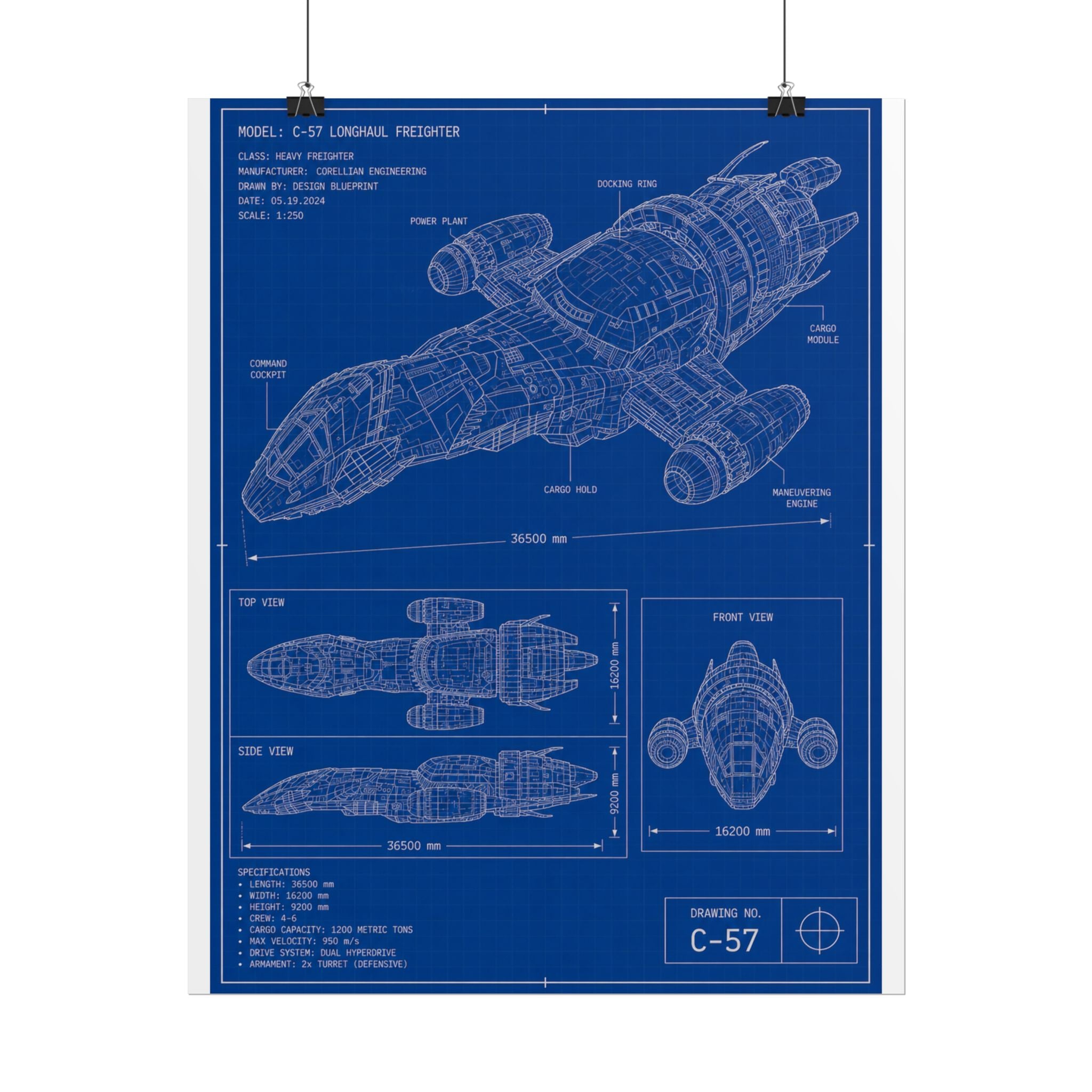 Blueprint Spacecraft Poster — Vintage Ship Technical Drawing Rolled Poster