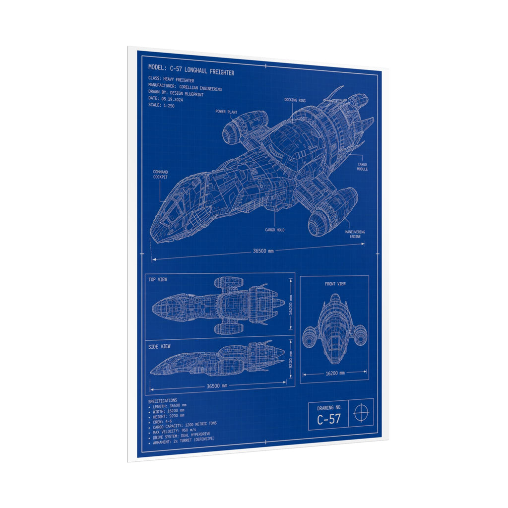 Blueprint Spacecraft Poster — Vintage Ship Technical Drawing Rolled Poster
