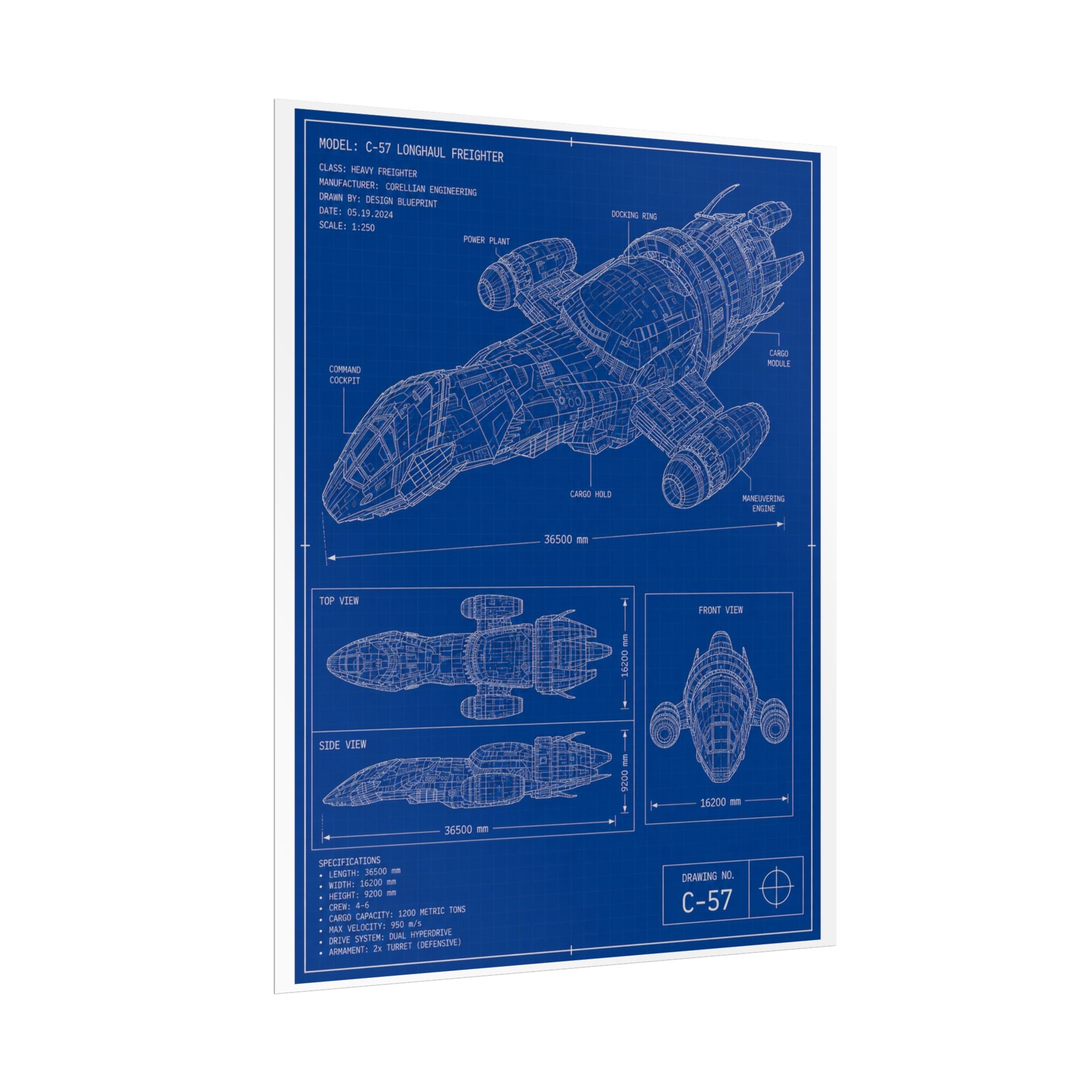 Blueprint Spacecraft Poster — Vintage Ship Technical Drawing Rolled Poster