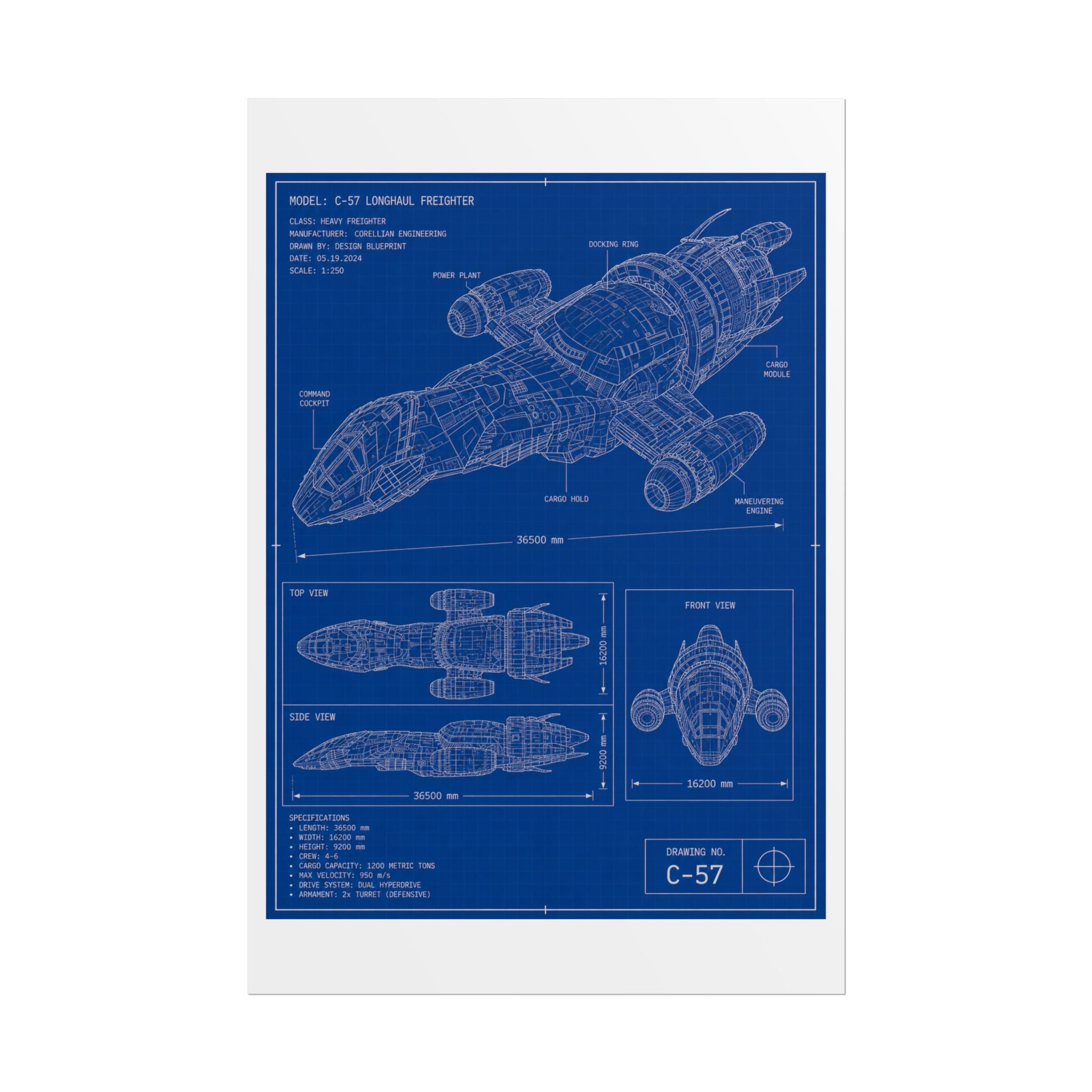 Blueprint Spacecraft Poster — Vintage Ship Technical Drawing Rolled Poster
