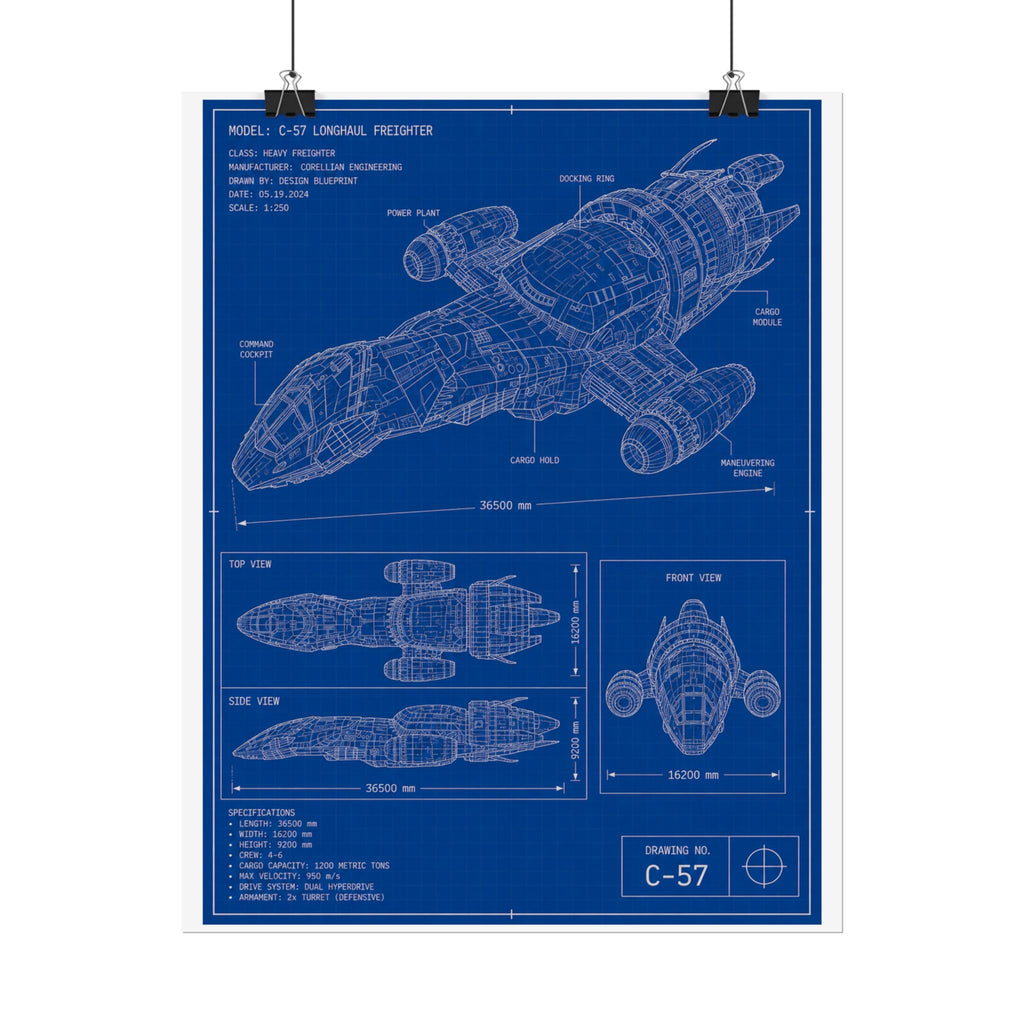 Blueprint Spacecraft Poster — Vintage Ship Technical Drawing Rolled Poster