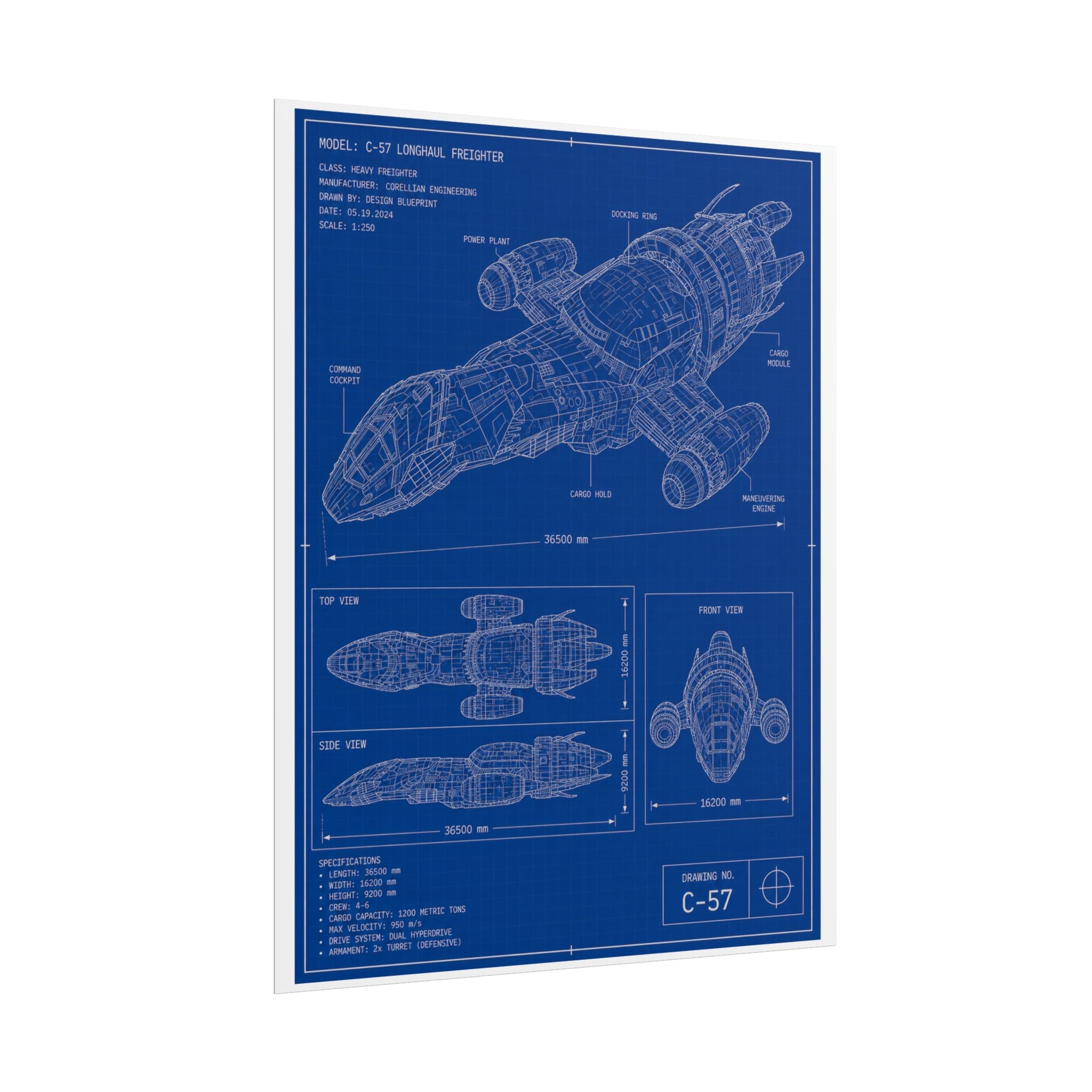 Blueprint Spacecraft Poster — Vintage Ship Technical Drawing Rolled Poster