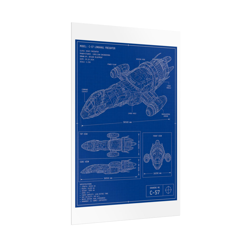 Blueprint Spacecraft Poster — Vintage Ship Technical Drawing Rolled Poster