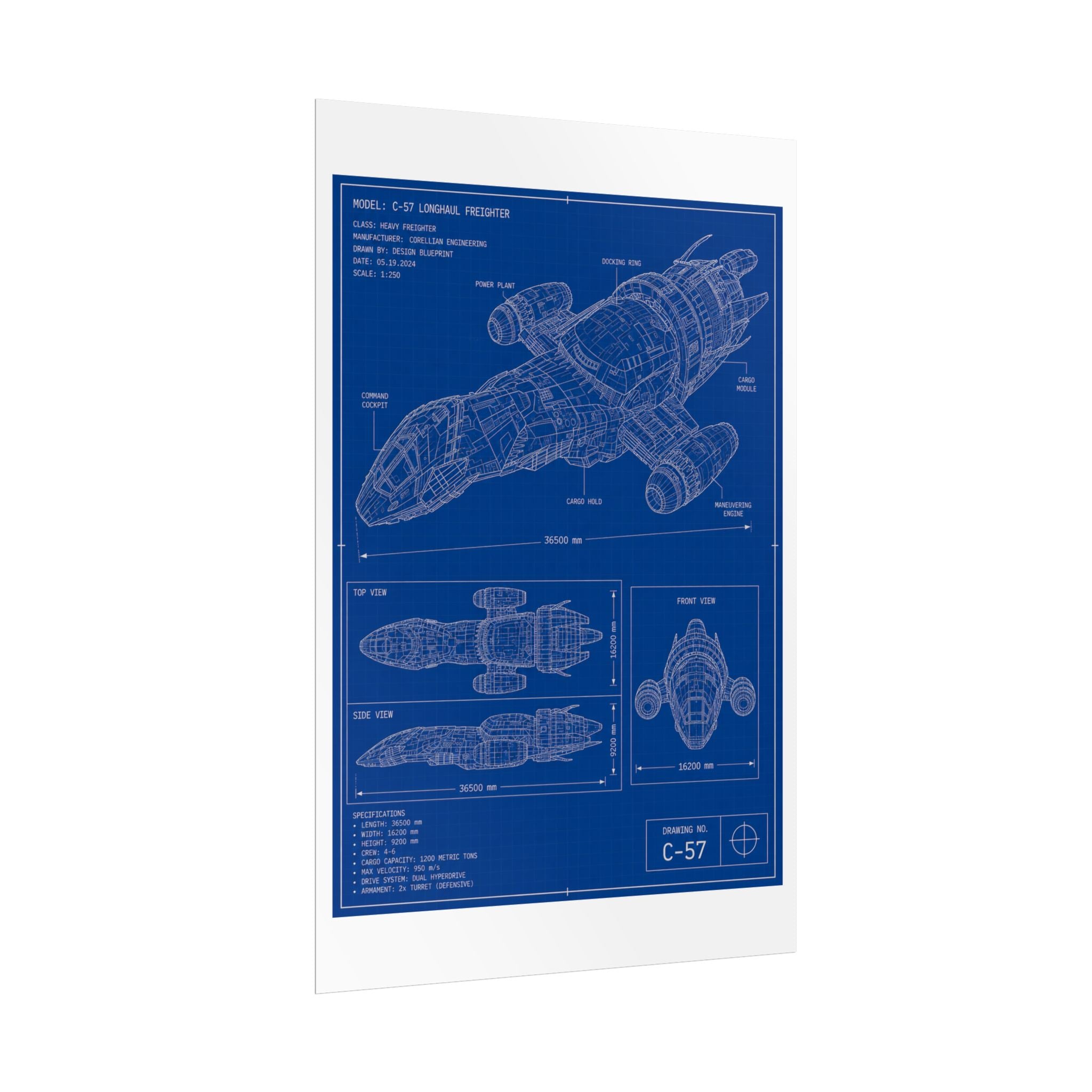 Blueprint Spacecraft Poster — Vintage Ship Technical Drawing Rolled Poster