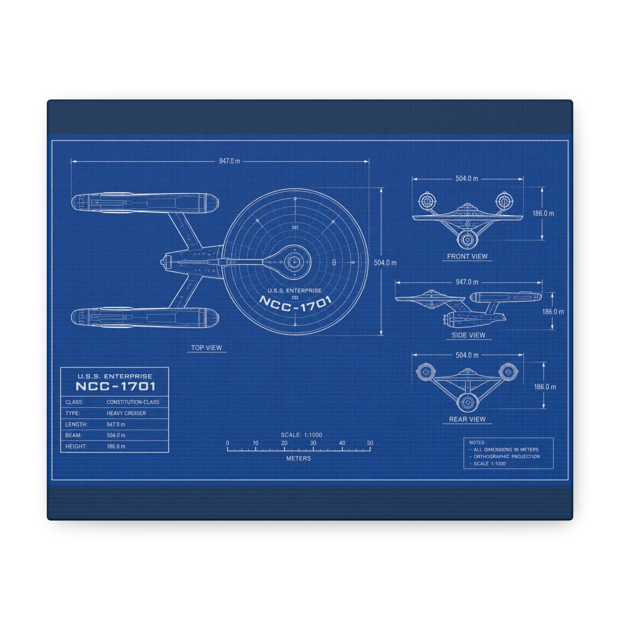 Starship Blueprint Canvas Art Matte Stretched 1.25"