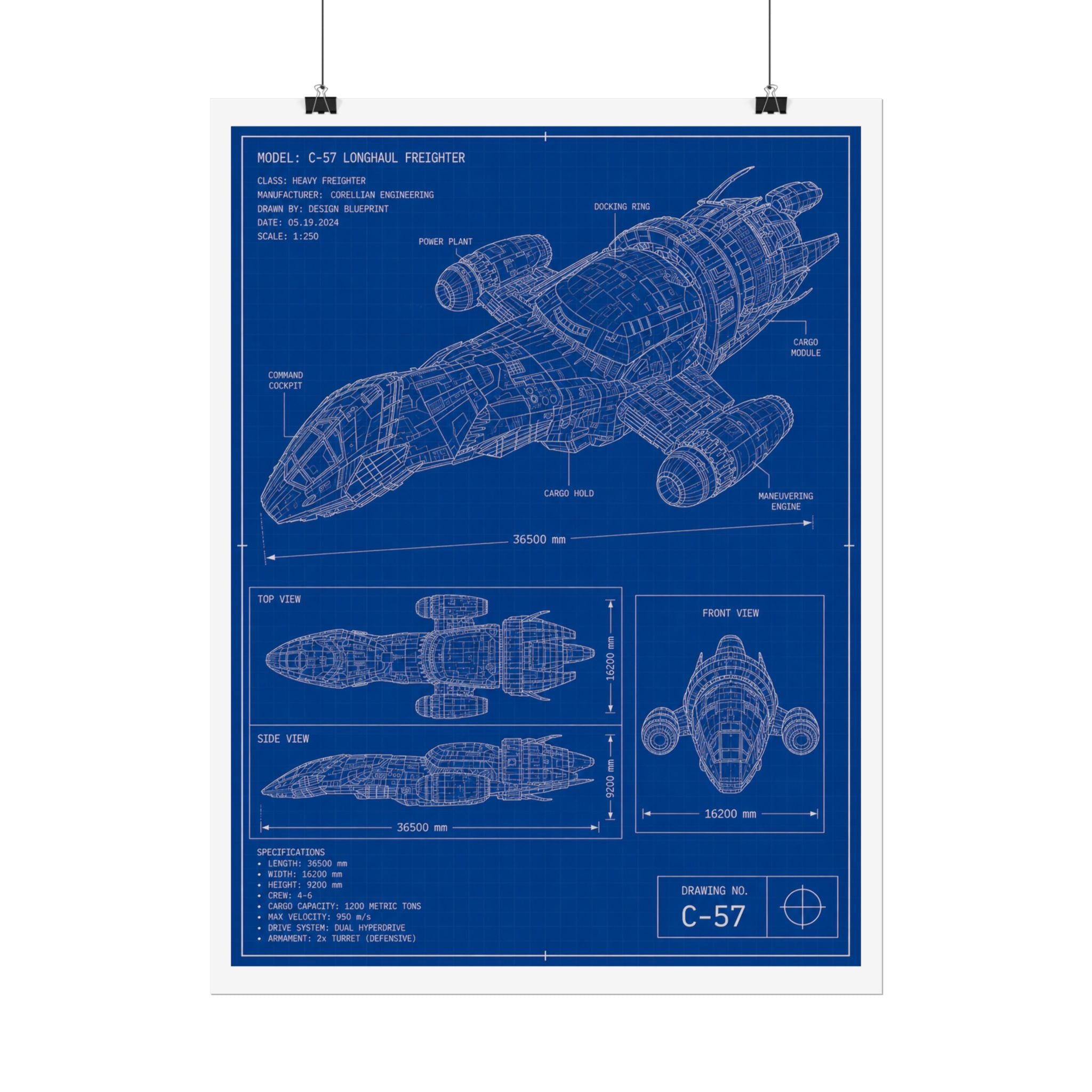 Blueprint Spacecraft Poster — Vintage Ship Technical Drawing Rolled Poster