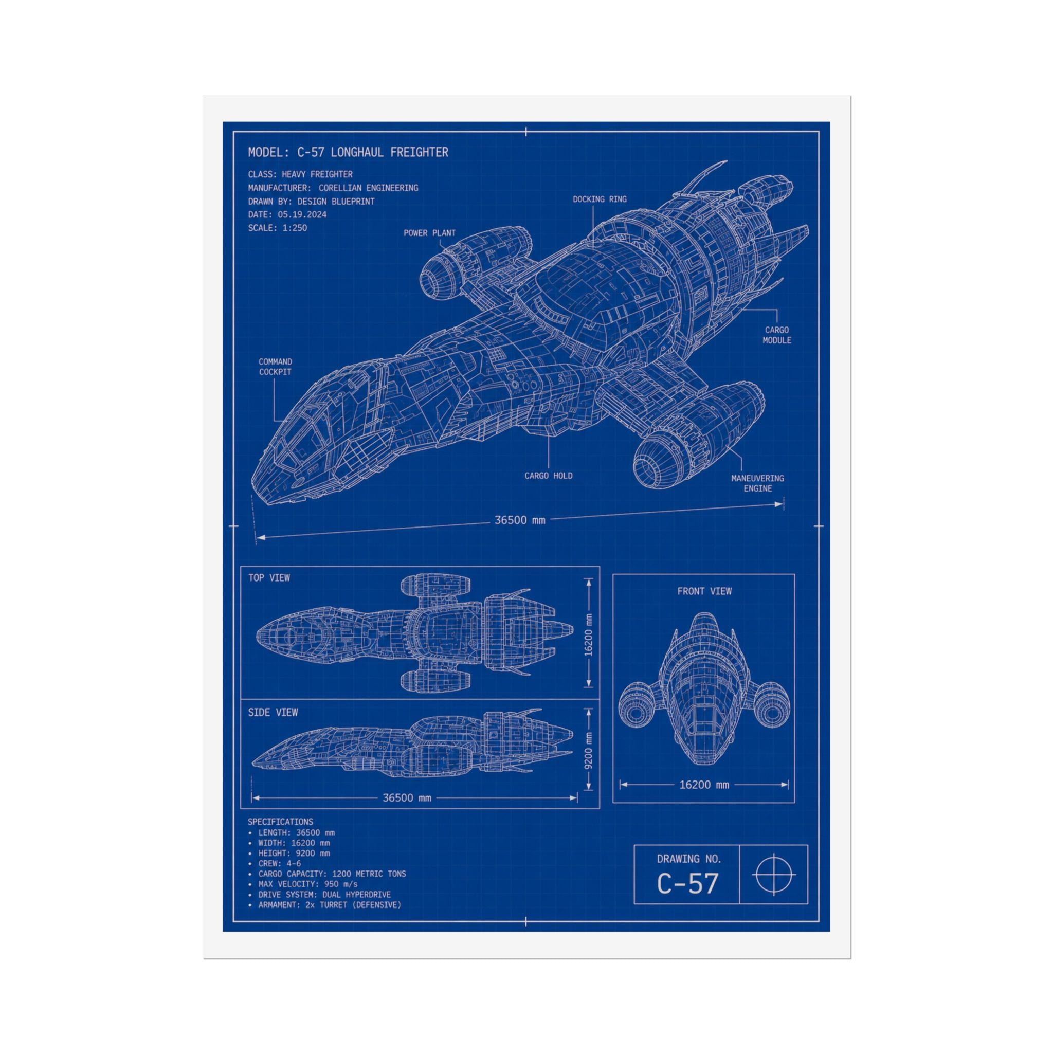 Blueprint Spacecraft Poster — Vintage Ship Technical Drawing Rolled Poster