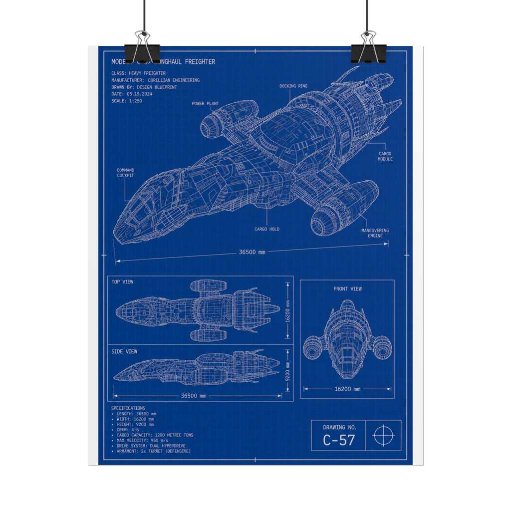 Blueprint Spacecraft Poster — Vintage Ship Technical Drawing Rolled Poster