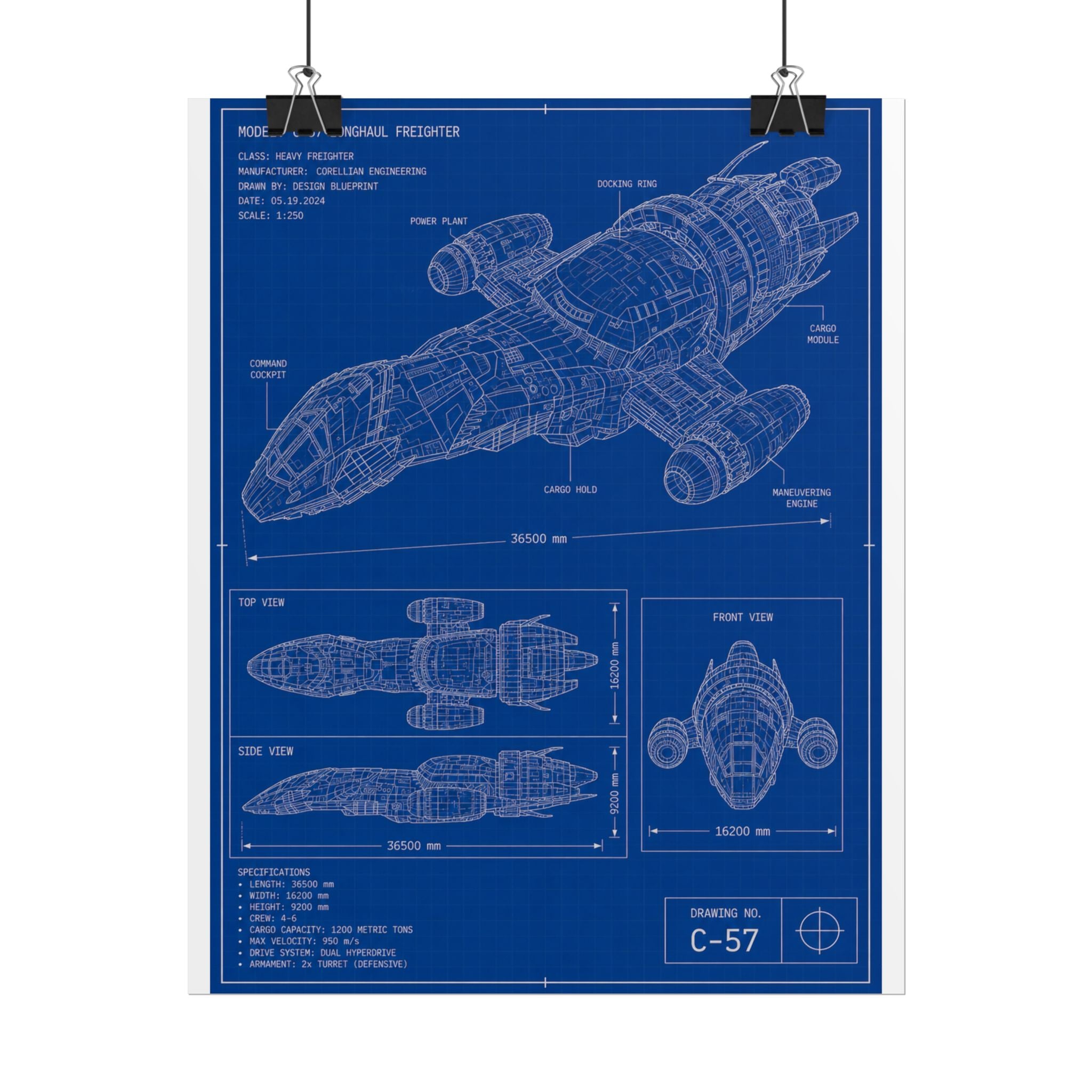 Blueprint Spacecraft Poster — Vintage Ship Technical Drawing Rolled Poster