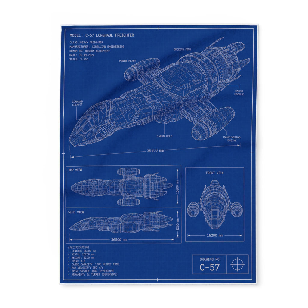 Blueprint Spaceship Fleece Blanket — Retro Sci‑Fi Ship Diagram Throw