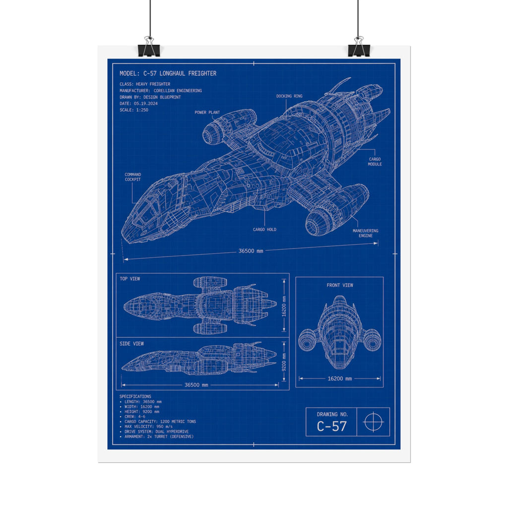 Blueprint Spacecraft Poster — Vintage Ship Technical Drawing Rolled Poster