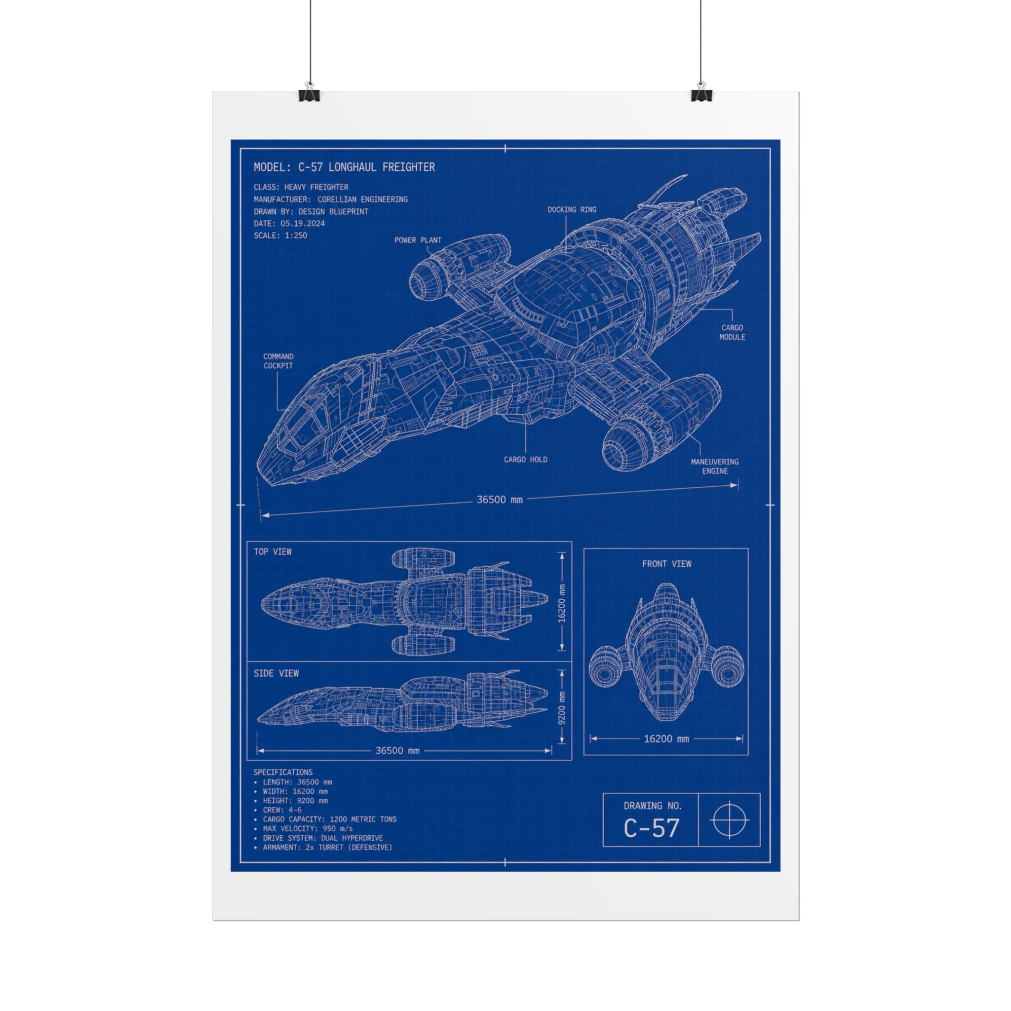 Blueprint Spacecraft Poster — Vintage Ship Technical Drawing Rolled Poster