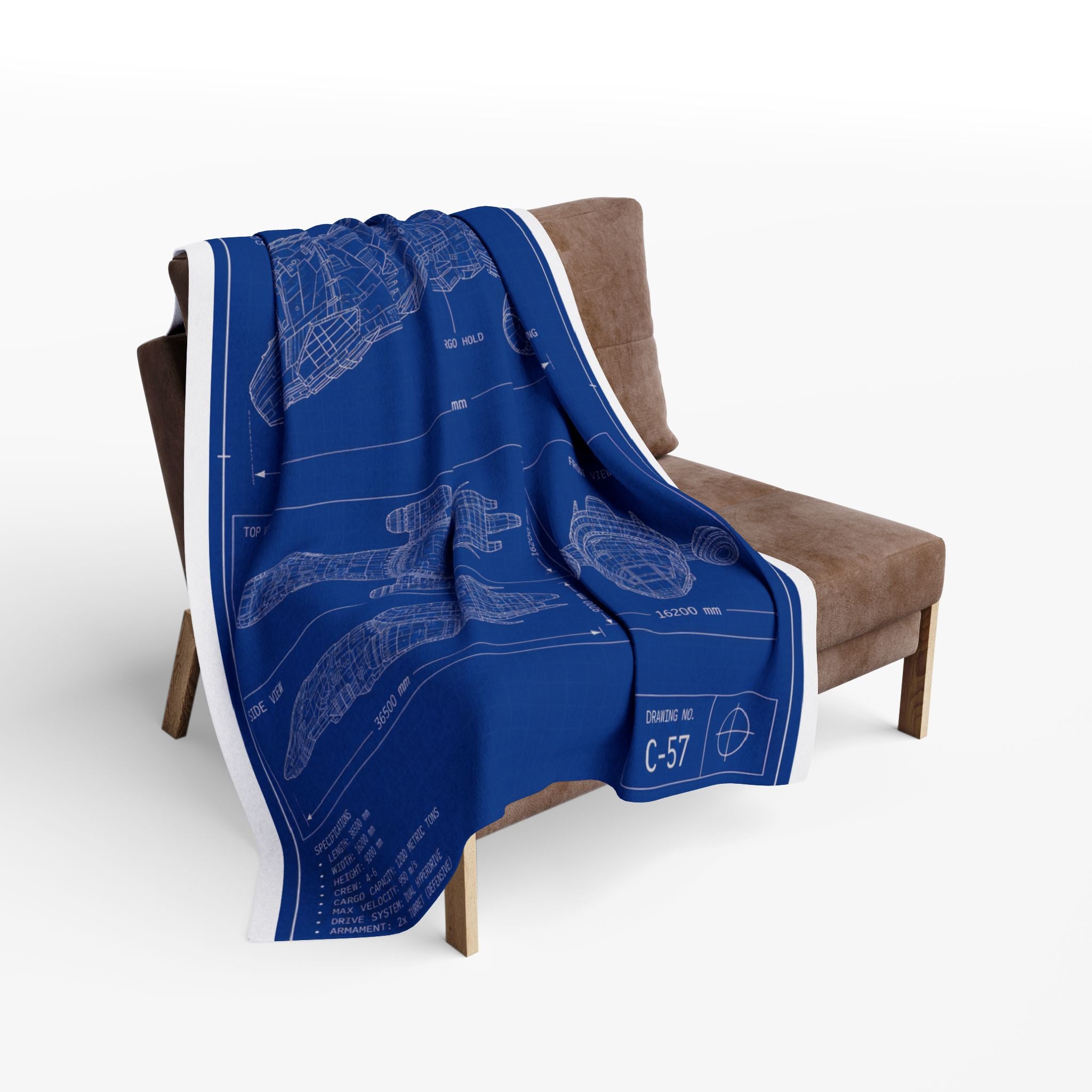 Blueprint Spaceship Fleece Blanket — Retro Sci‑Fi Ship Diagram Throw