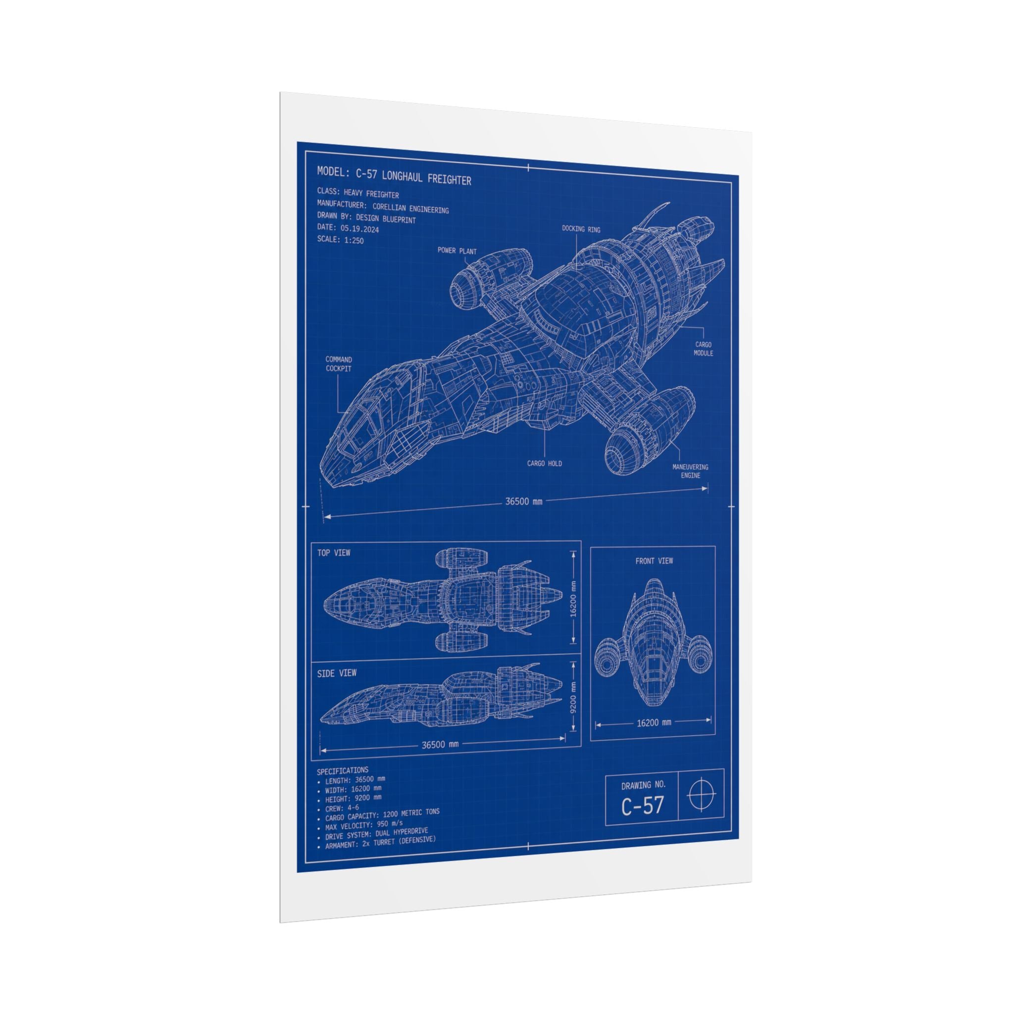 Blueprint Spacecraft Poster — Vintage Ship Technical Drawing Rolled Poster