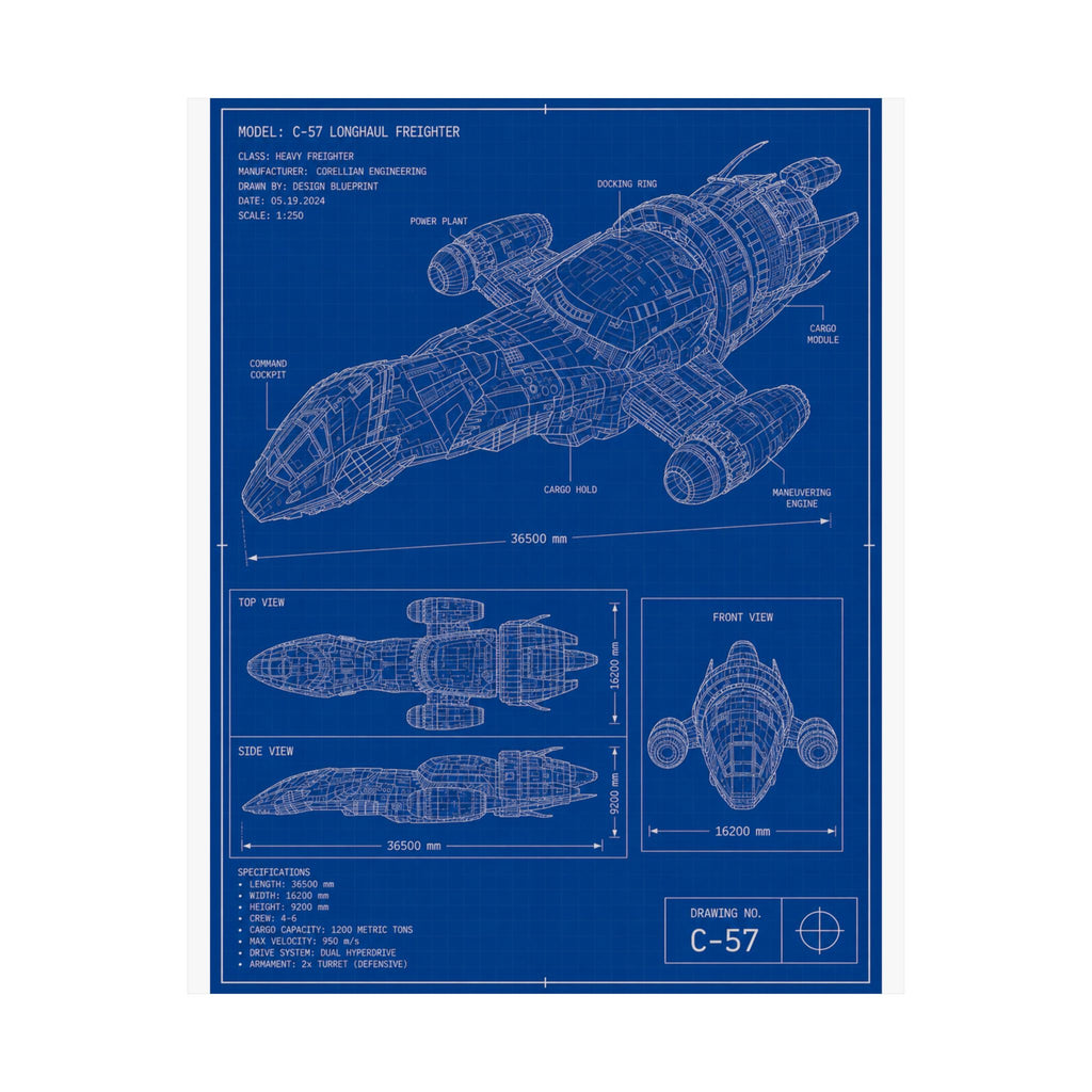 Blueprint Spaceship Poster — Matte Vertical Sci‑Fi Wall Art