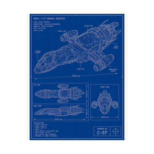 Blueprint Spaceship Poster — Matte Vertical Sci‑Fi Wall Art