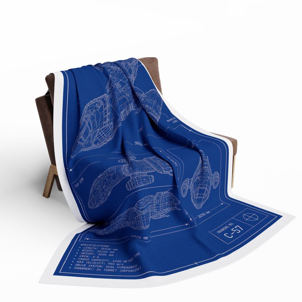 Blueprint Spaceship Fleece Blanket — Retro Sci‑Fi Ship Diagram Throw