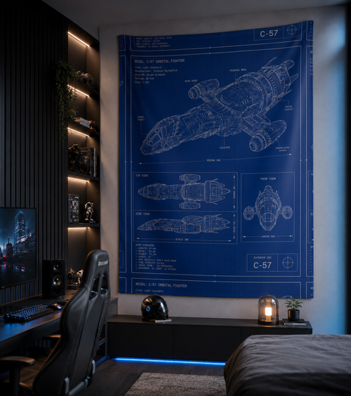 Blueprint Spacecraft Wall Tapestry — Vintage Starship Technical Poster Décor