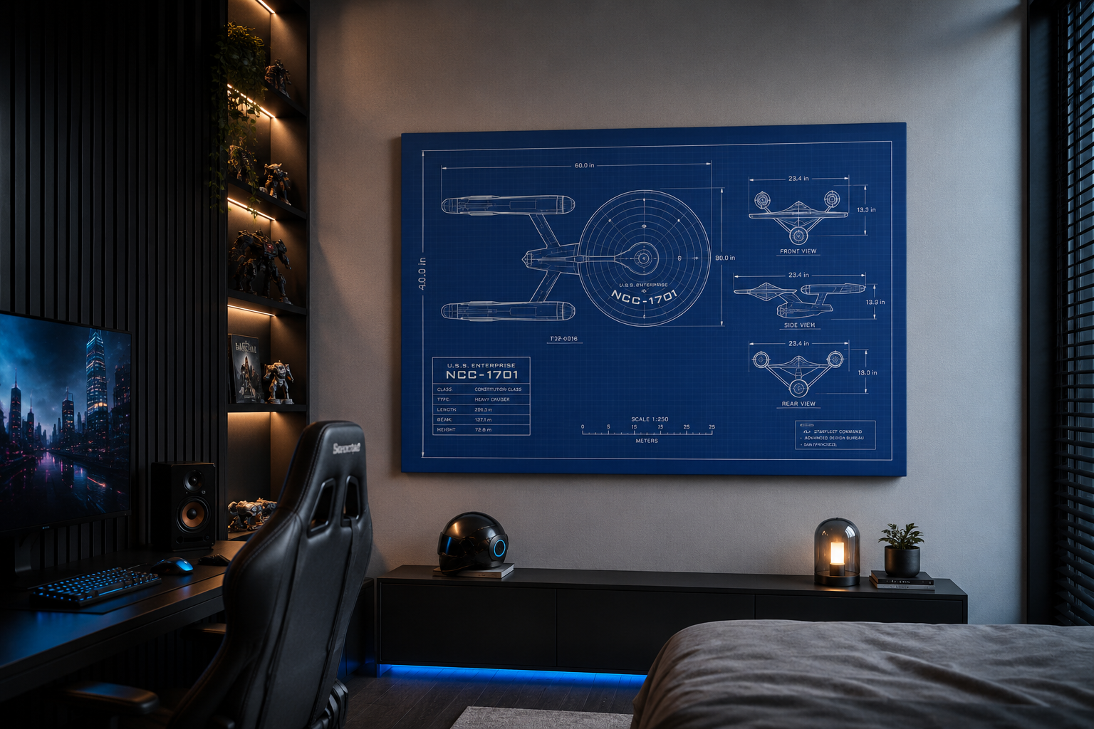 Starship Blueprint Canvas Art Matte Stretched 1.25"