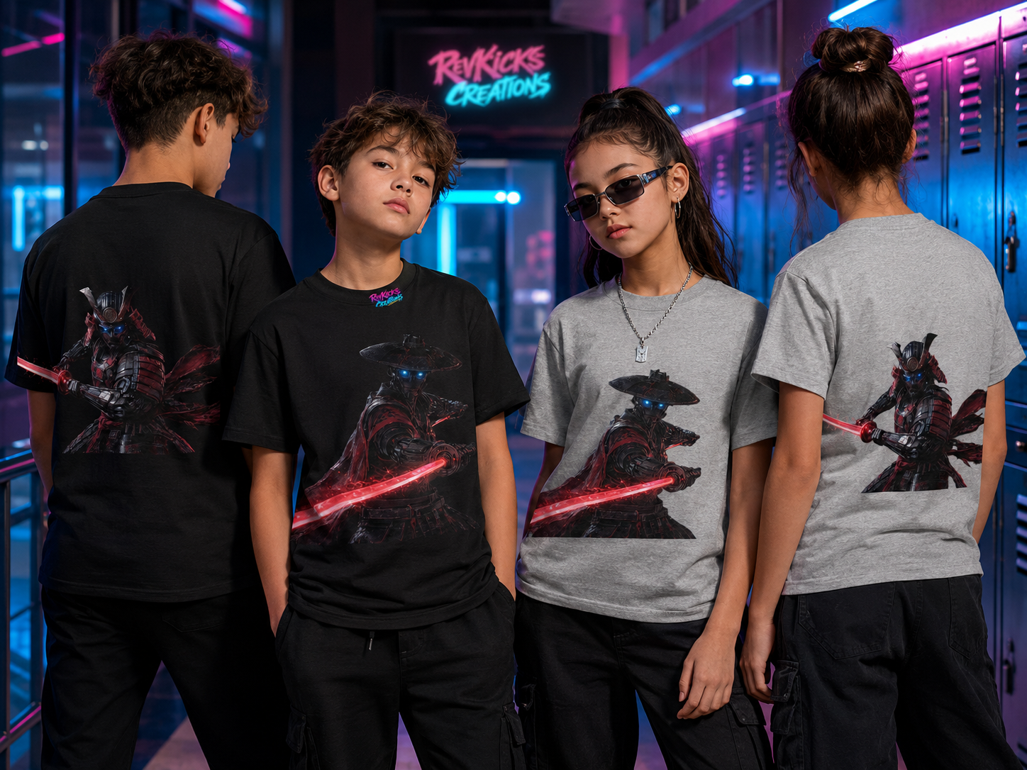 Neon Ronin Kids Tee — Red Blade Cyber Samurai Graphic Shirt