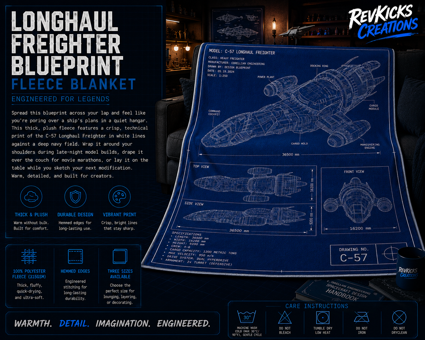 Longhaul freighter fleece blanket blueprint— Retro Sci‑Fi Ship Diagram Throw