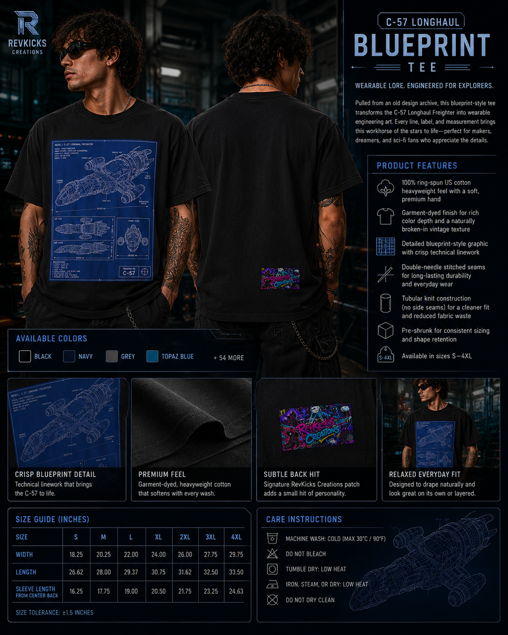 Longhaul Blueprint Tee | C-57 Freighter Spaceship Schematic Shirt | Sci-Fi Graphic T-Shirt