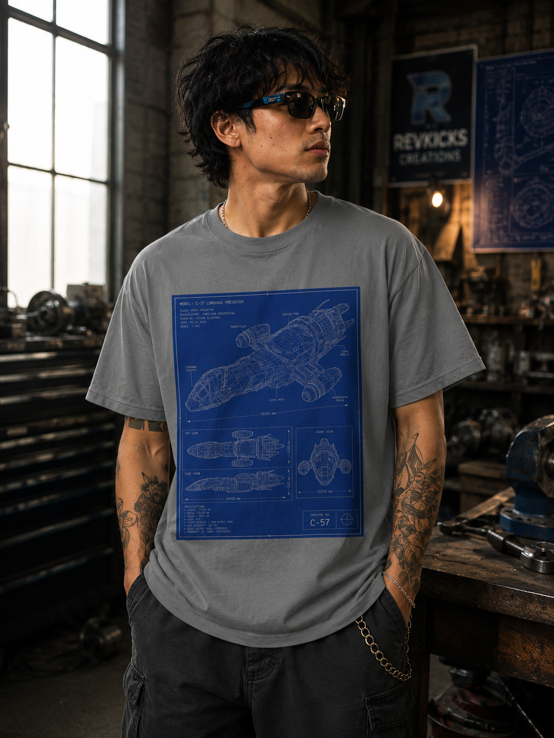 Longhaul Blueprint Tee | C-57 Freighter Spaceship Schematic Shirt | Sci-Fi Graphic T-Shirt