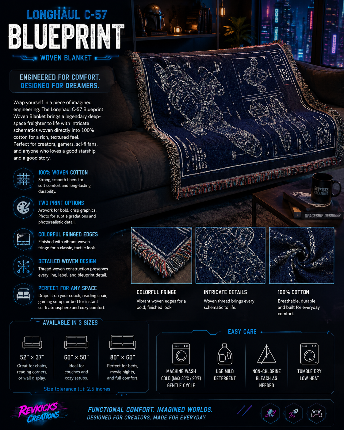 Longhaul C-57 Blueprint Woven Blanket | Sci-Fi Starship Throw | Spacecraft Schematic Cotton Blanket | Nerd Decor