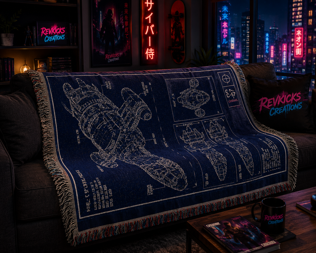 Longhaul C-57 Blueprint Woven Blanket | Sci-Fi Starship Throw | Spacecraft Schematic Cotton Blanket | Nerd Decor