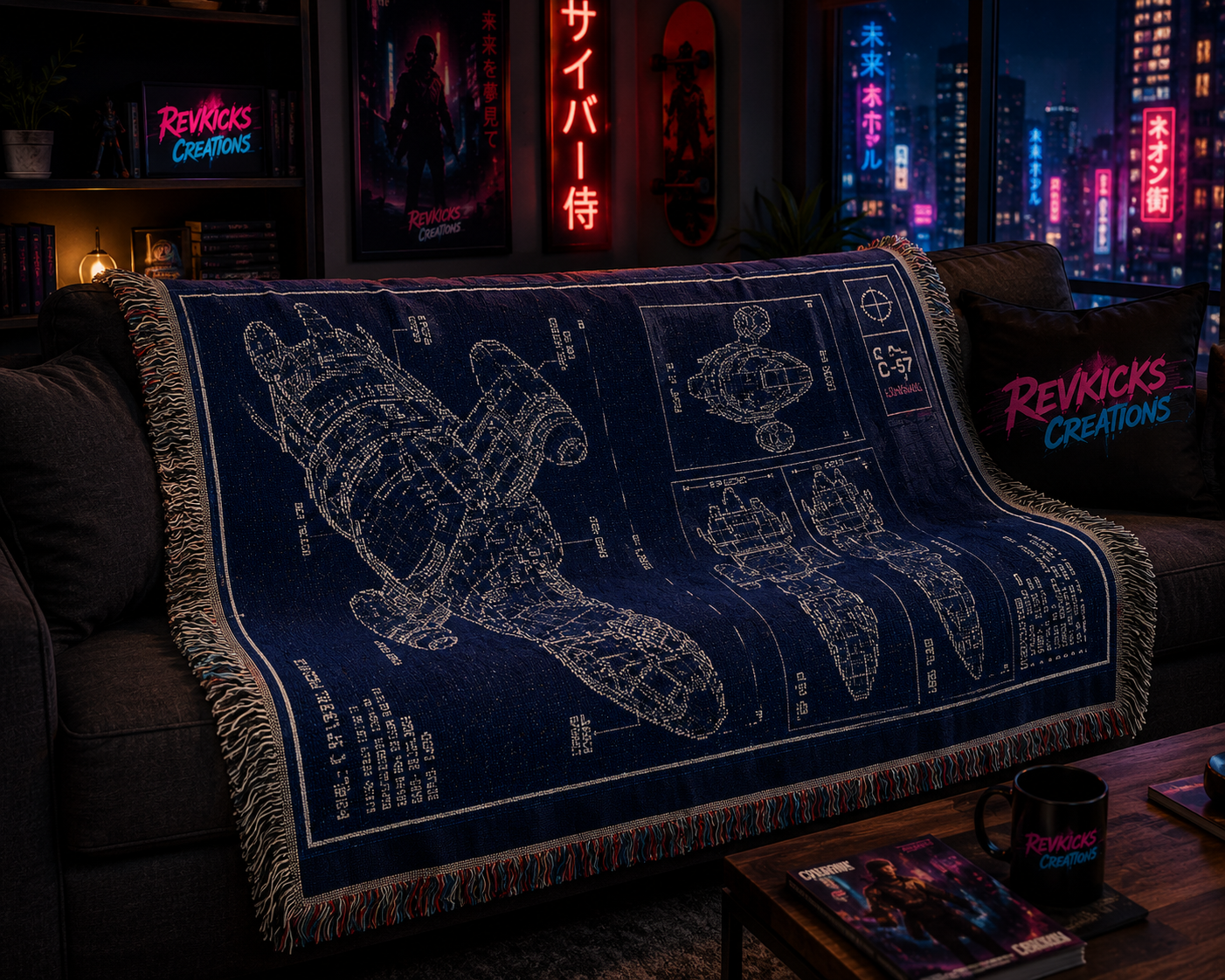 Longhaul C-57 Blueprint Woven Blanket | Sci-Fi Starship Throw | Spacecraft Schematic Cotton Blanket | Nerd Decor