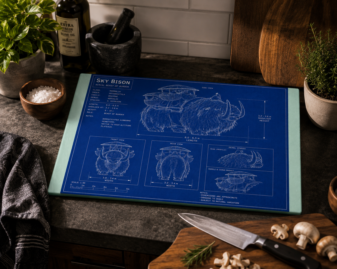 Sky Bison Blueprint Glass Cutting Board