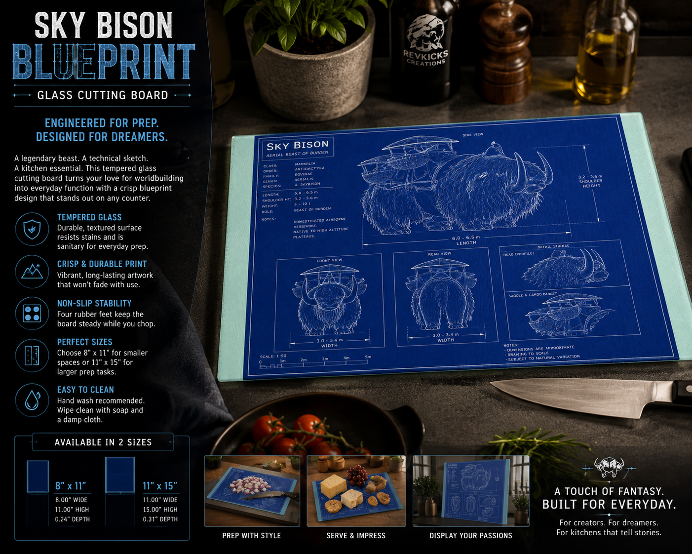 Sky Bison Blueprint Glass Cutting Board