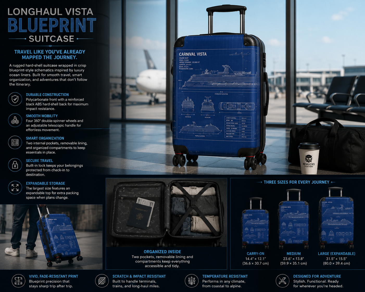 Longhaul Vista Blueprint Carry-On Suitcase – Cruise Ship Schematic Travel Luggage