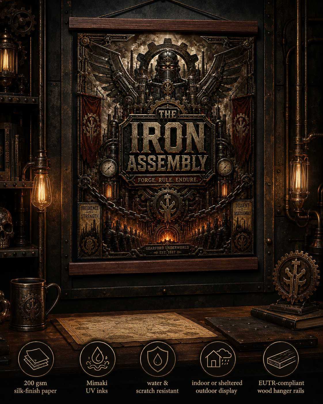 The Iron Assembly Silk Poster - Steampunk Industrial Wall Art