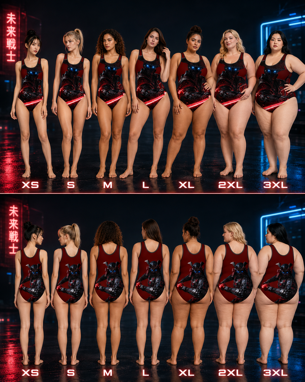 Cyber Samurai Women’s One-Piece Swimsuit — Red Neon Saber Graphic