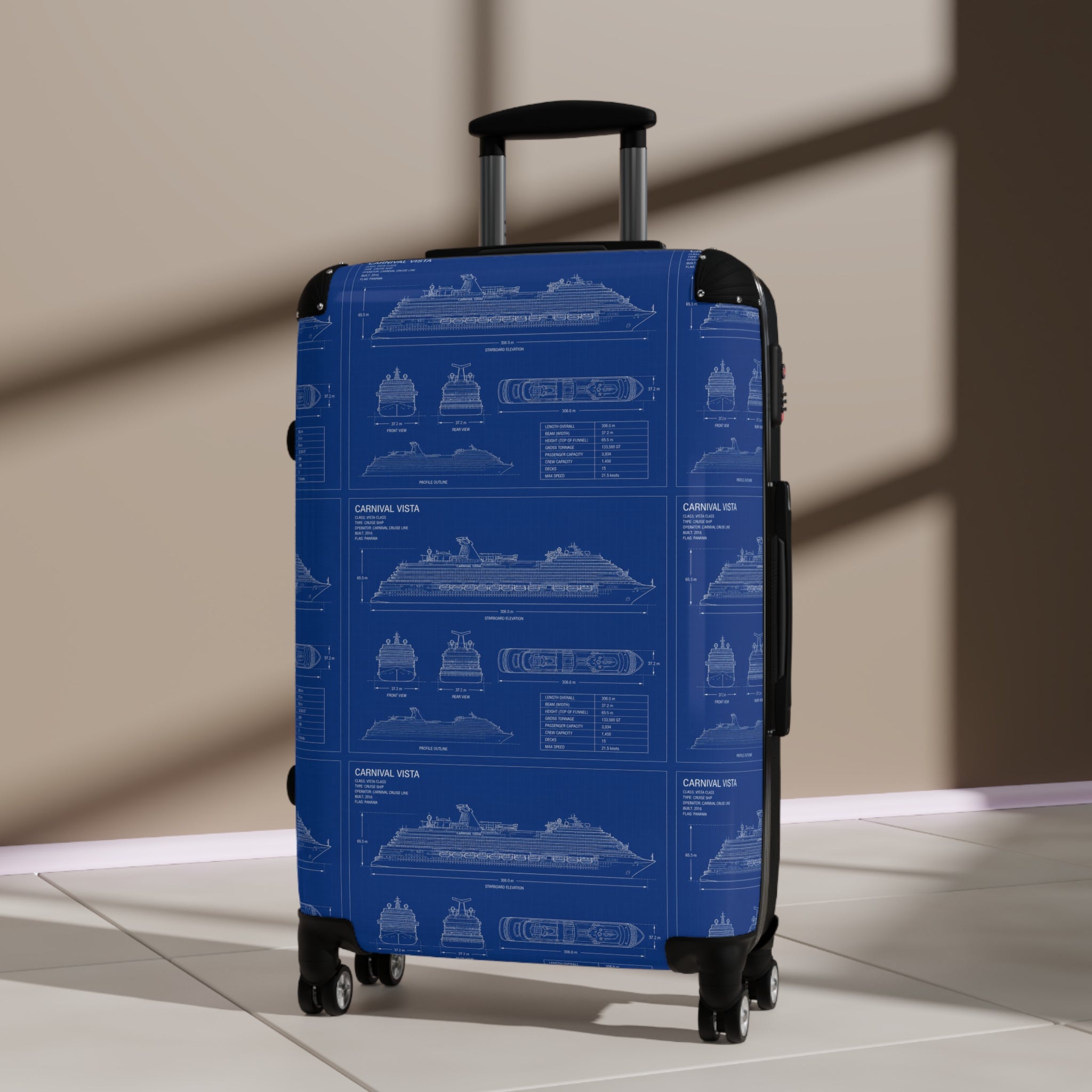Cruise Ship Blueprint Suitcase Cover — Nautical Travel Luggage Protector
