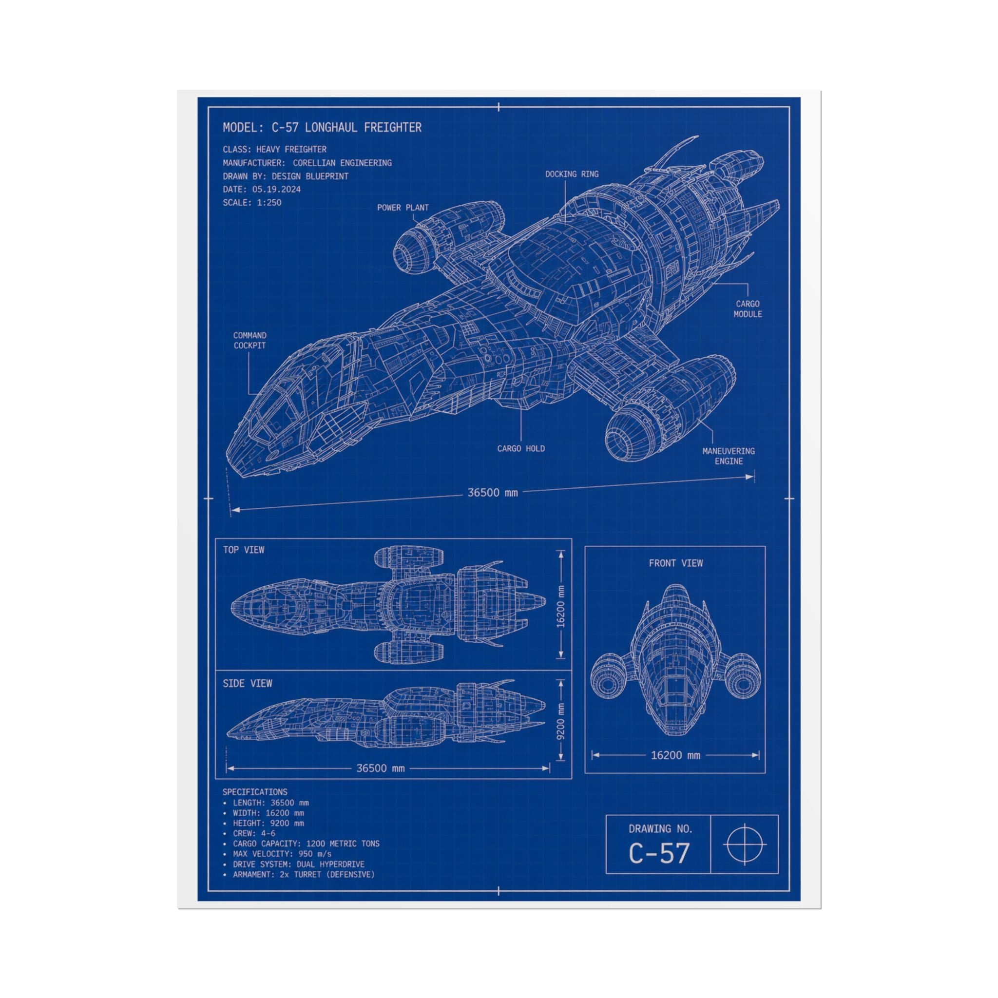 Blueprint Spacecraft Poster — Vintage Ship Technical Drawing Rolled Poster