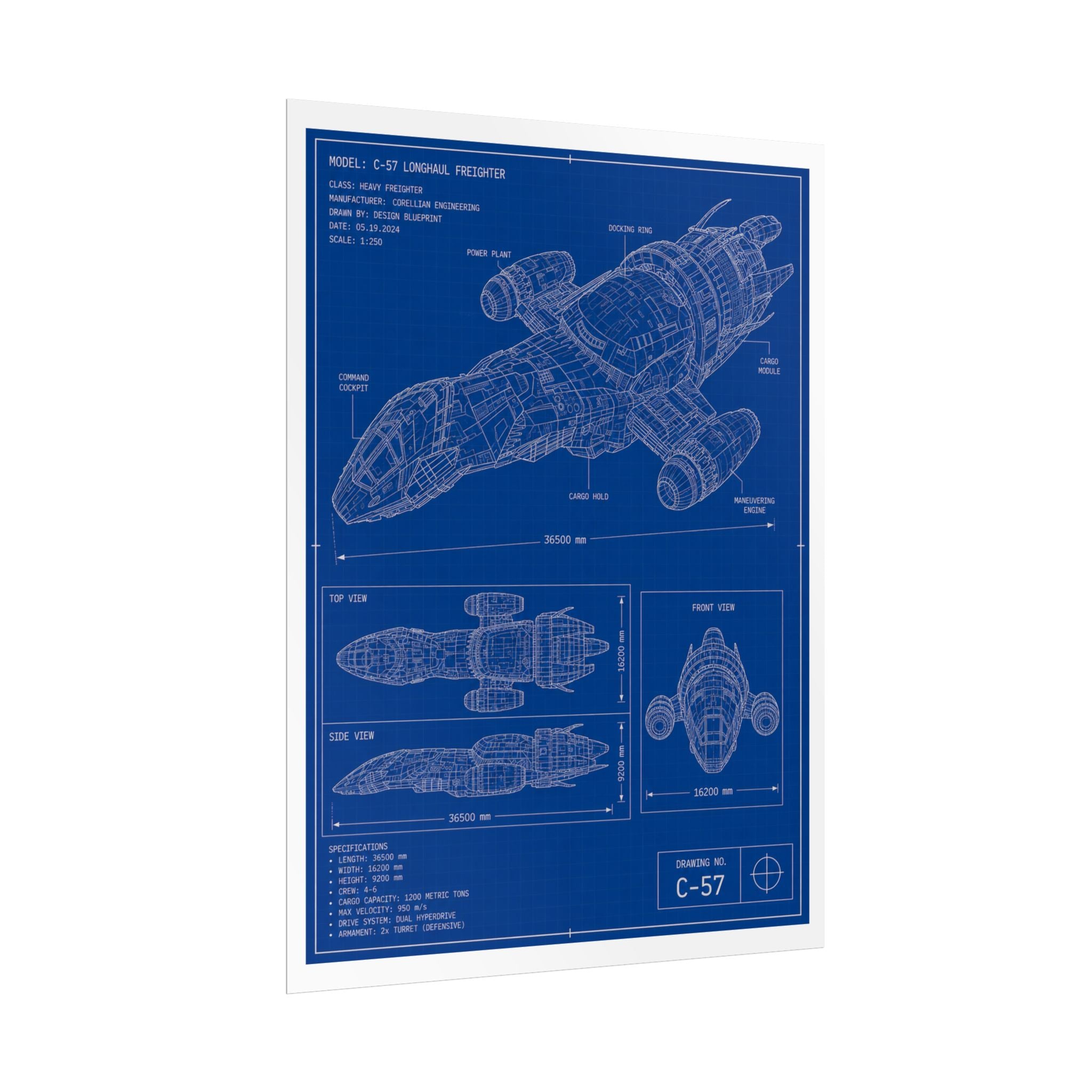 Blueprint Spacecraft Poster — Vintage Ship Technical Drawing Rolled Poster