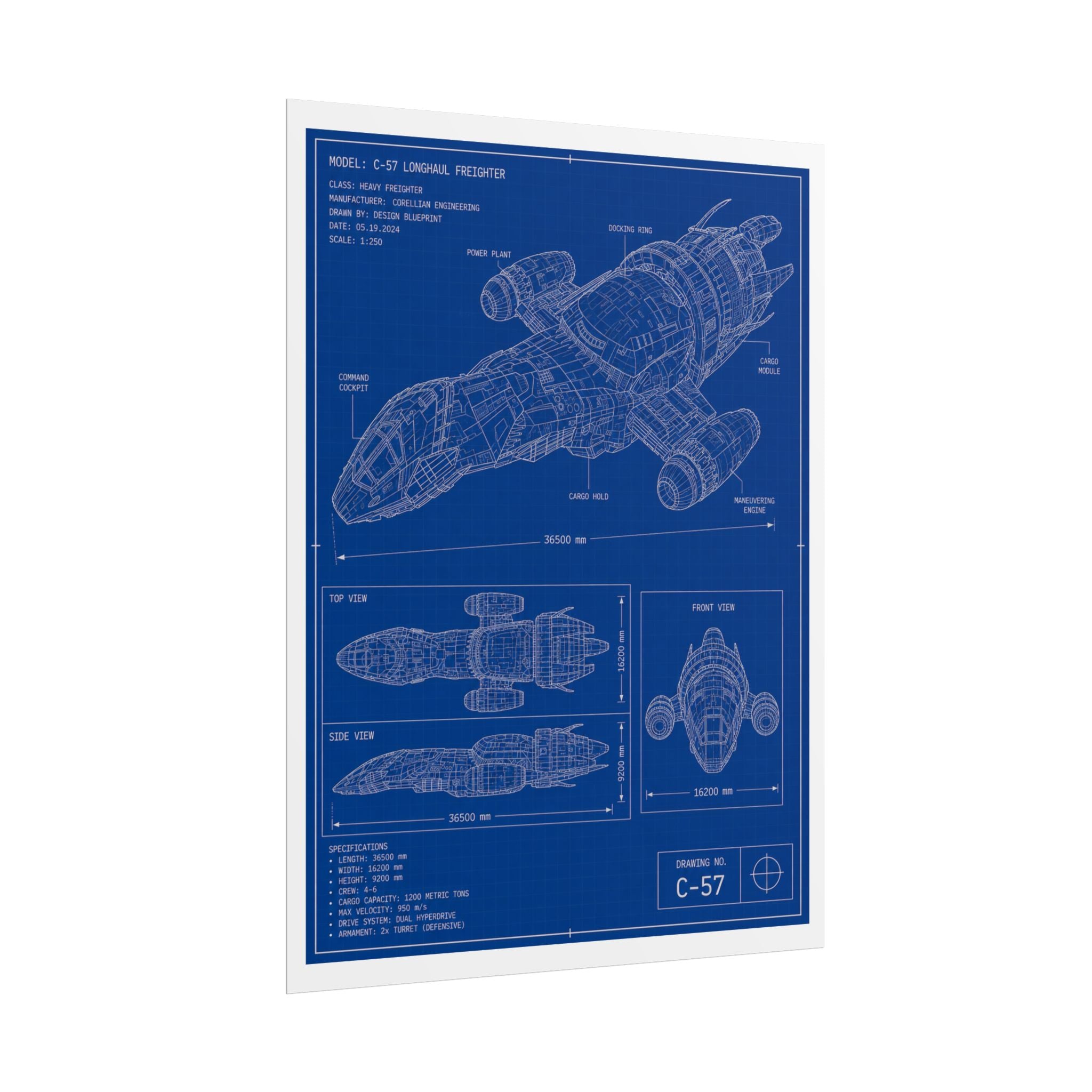 Blueprint Spacecraft Poster — Vintage Ship Technical Drawing Rolled Poster