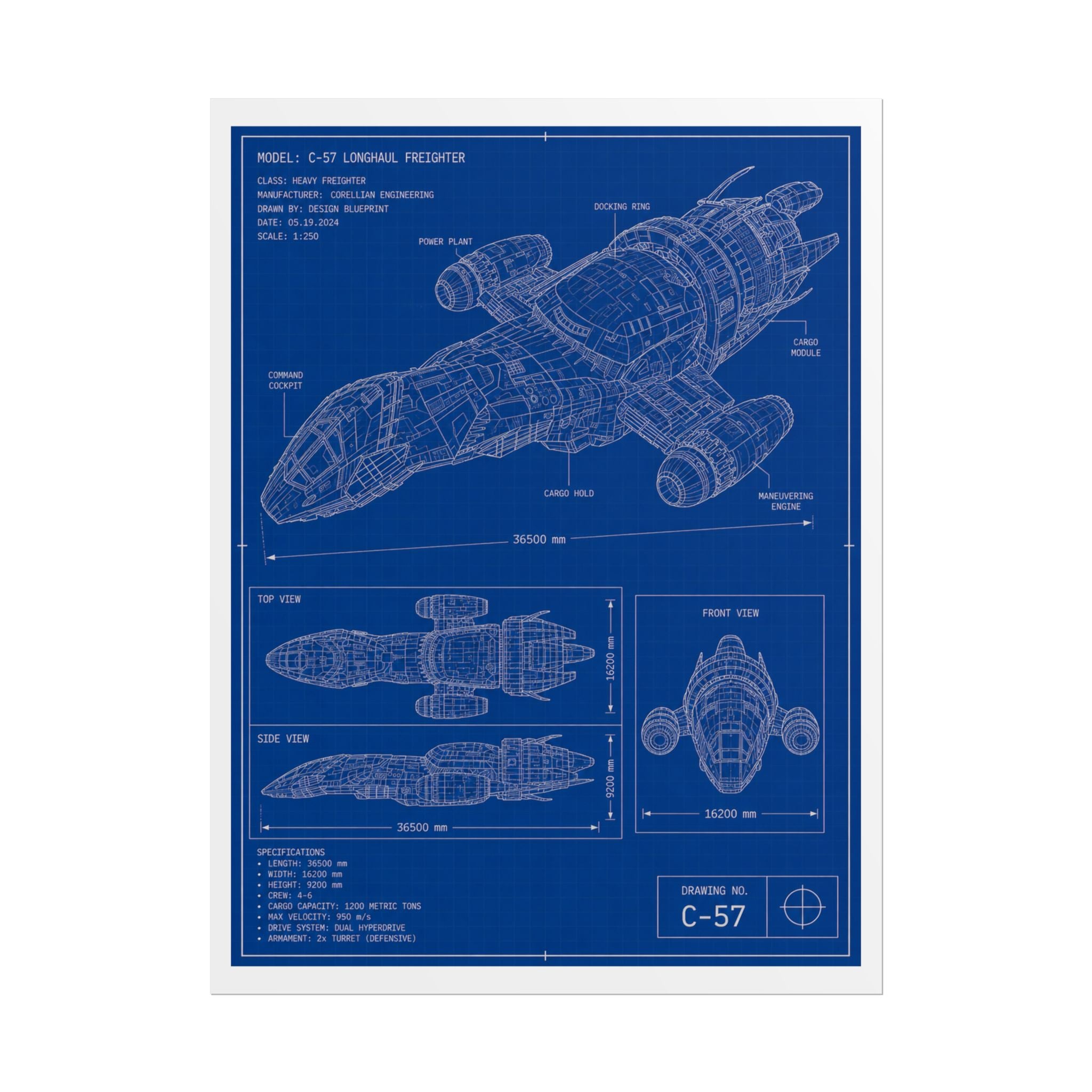 Blueprint Spacecraft Poster — Vintage Ship Technical Drawing Rolled Poster