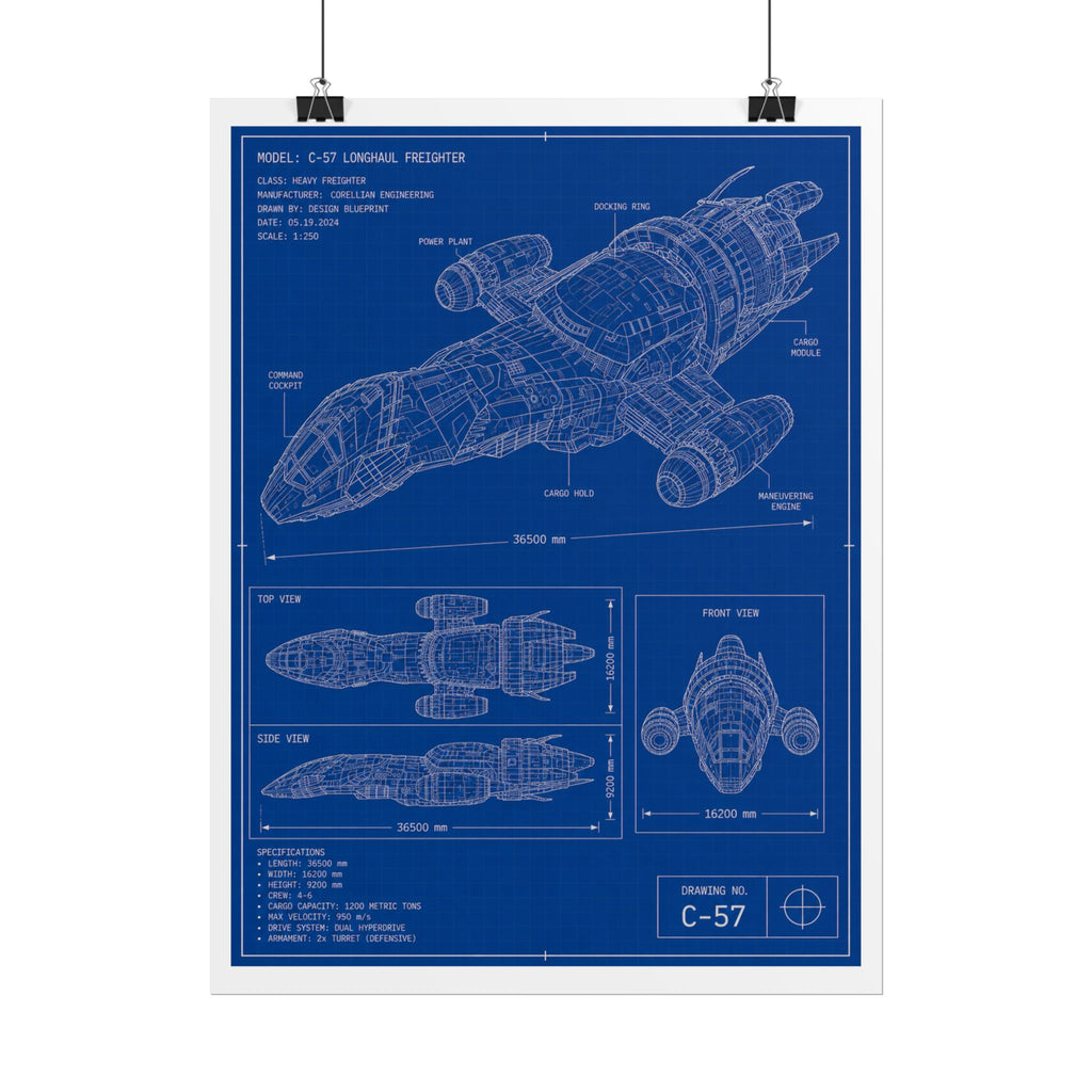 Blueprint Spacecraft Poster — Vintage Ship Technical Drawing Rolled Poster