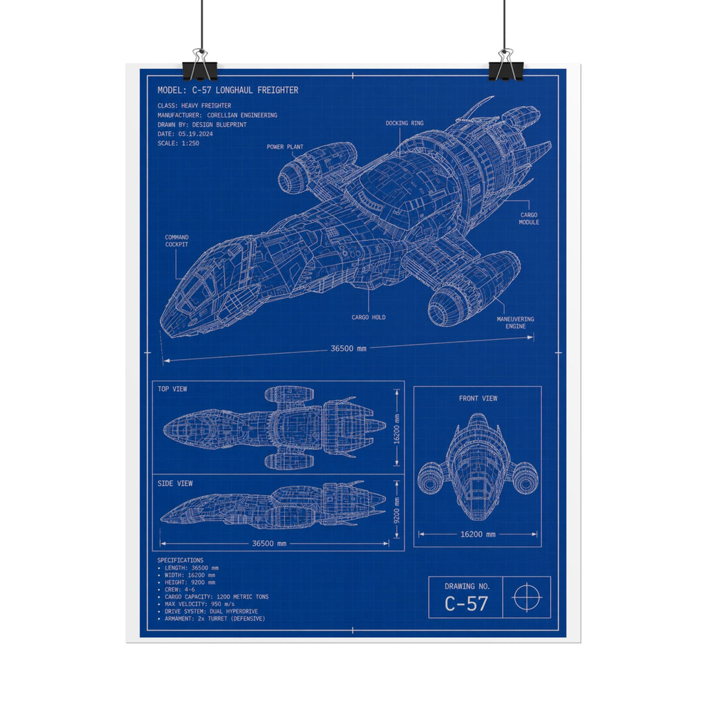 Blueprint Spacecraft Poster — Vintage Ship Technical Drawing Rolled Poster